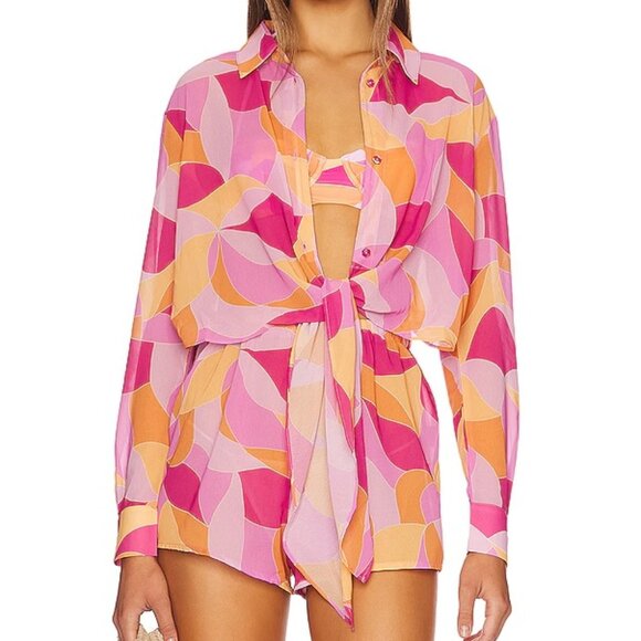 Lovers + Friends Feelin Groovy Fuchsia Geo Sheer Romper Cover up XS Vacation - Picture 1 of 9